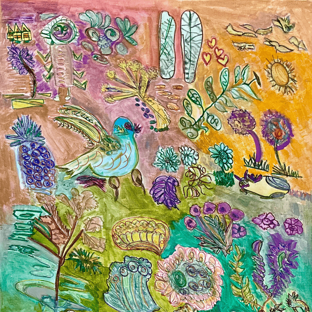 Lush colourful painting of flowers and a bird on a purple and orange horizon and blue-green landscape