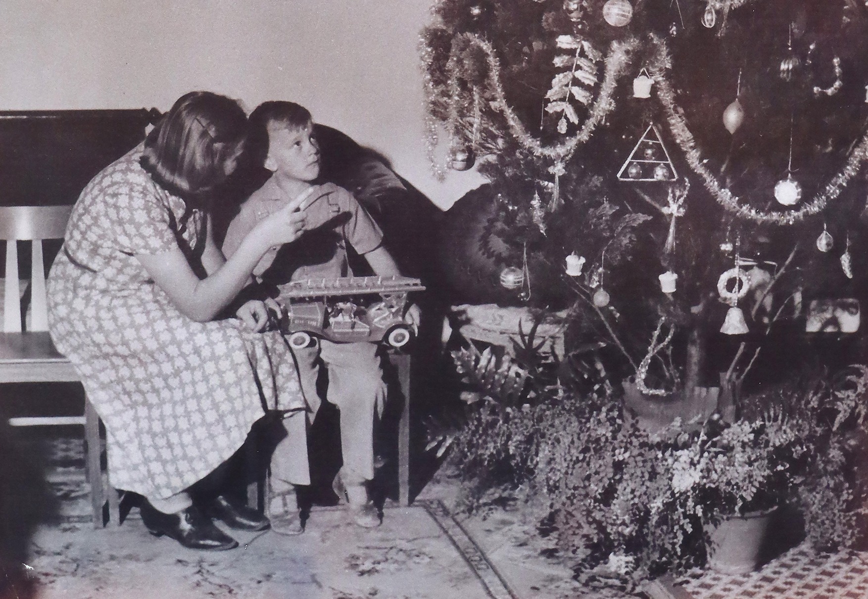 Mother and child sitting on bench by christmas tree in their family home