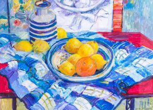 still life painting of jug and lemons in bowl on blue white checkered table cloth