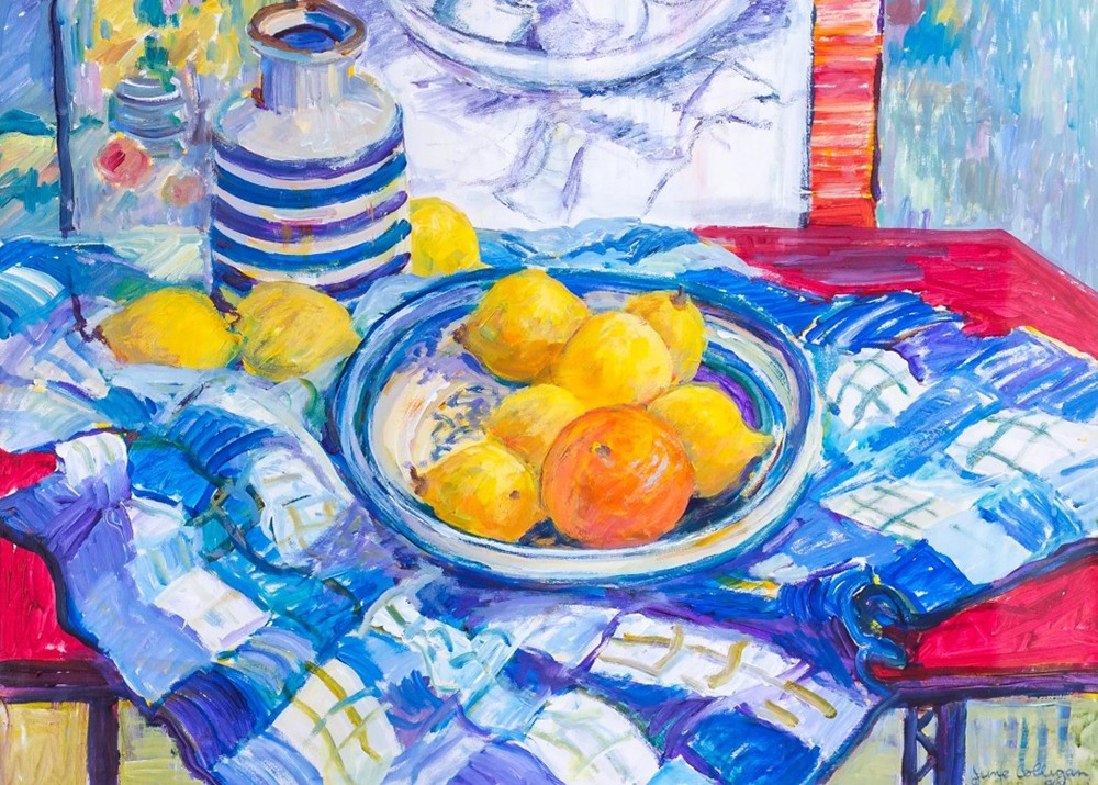 still life painting of jug and lemons in bowl on blue white checkered table cloth