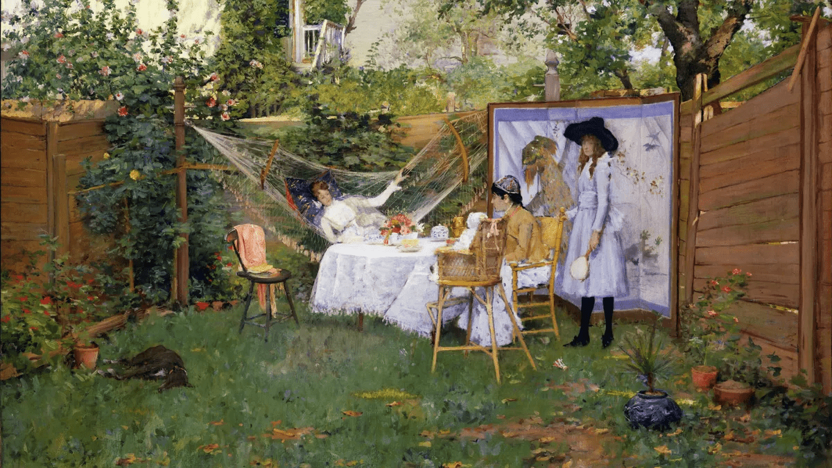 oil painting of victorian era ladies having tea in a garden setting