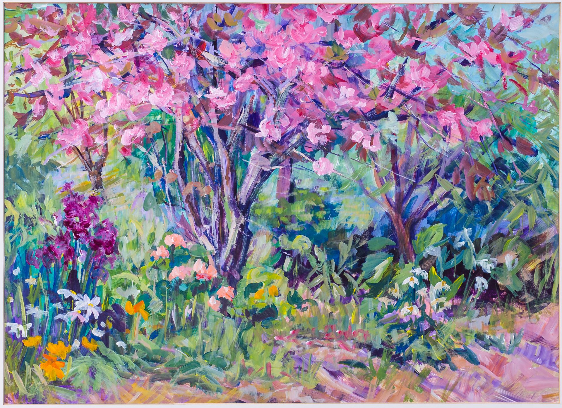 bright painting of pink and purple flowers with green foilage