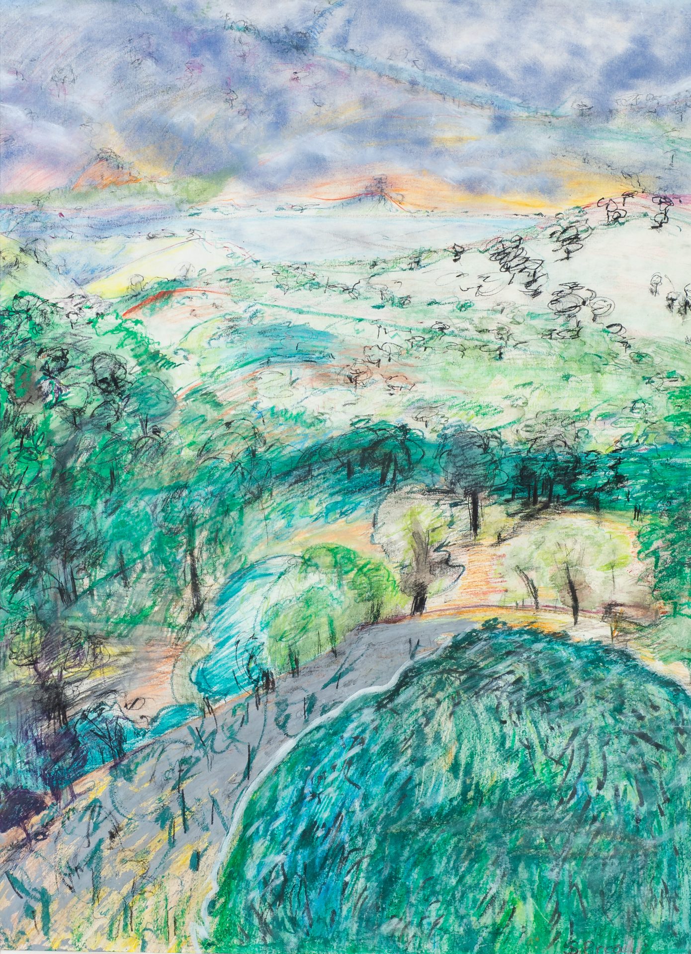 pastel artwork of green landscape with road
